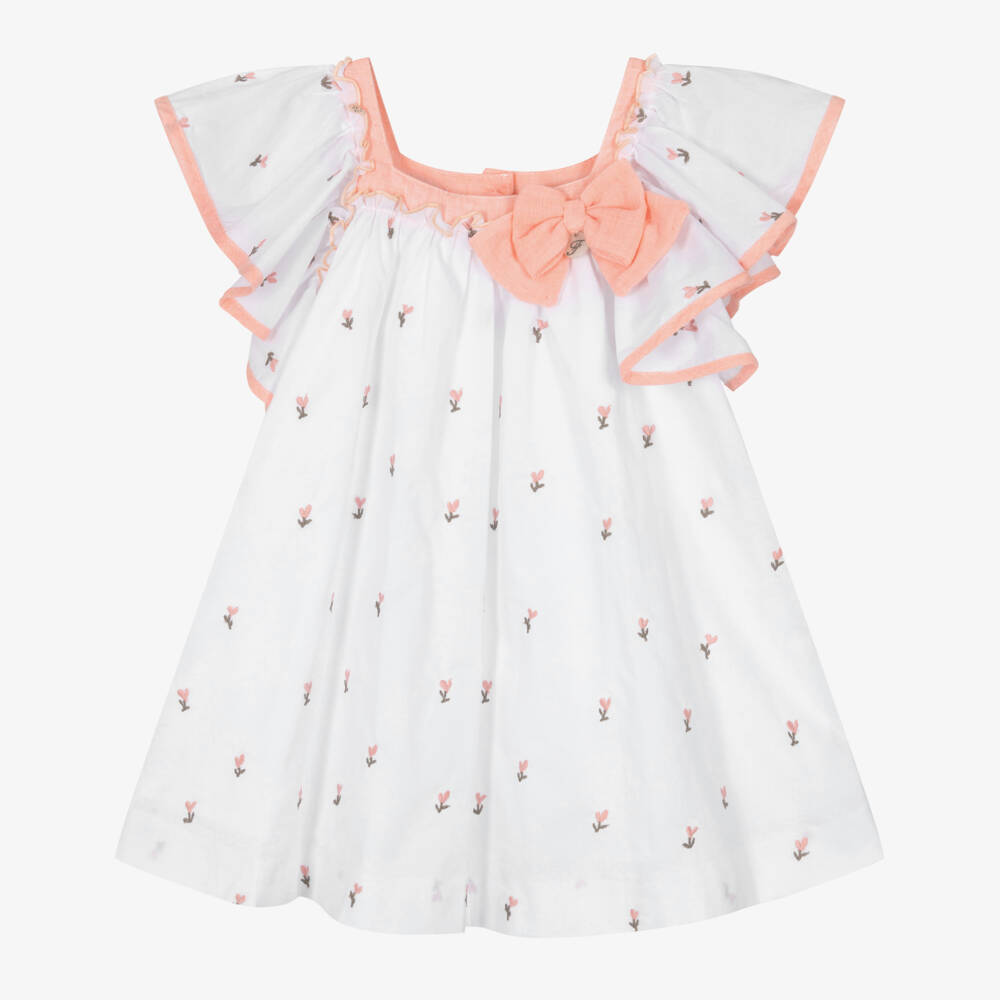 Foque-Girls White & Peach Pink Floral Cotton Dress | Childrensalon Outlet