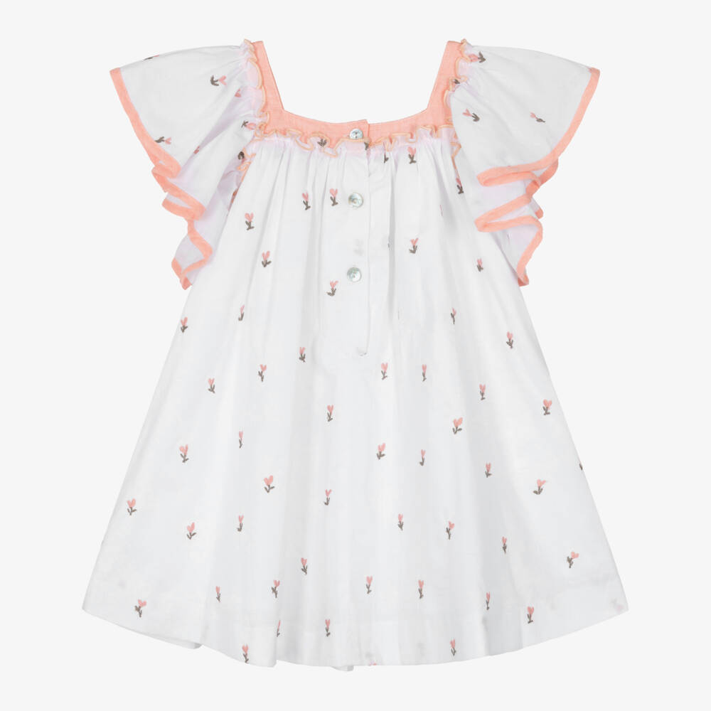 Foque-Girls White & Peach Pink Floral Cotton Dress | Childrensalon Outlet