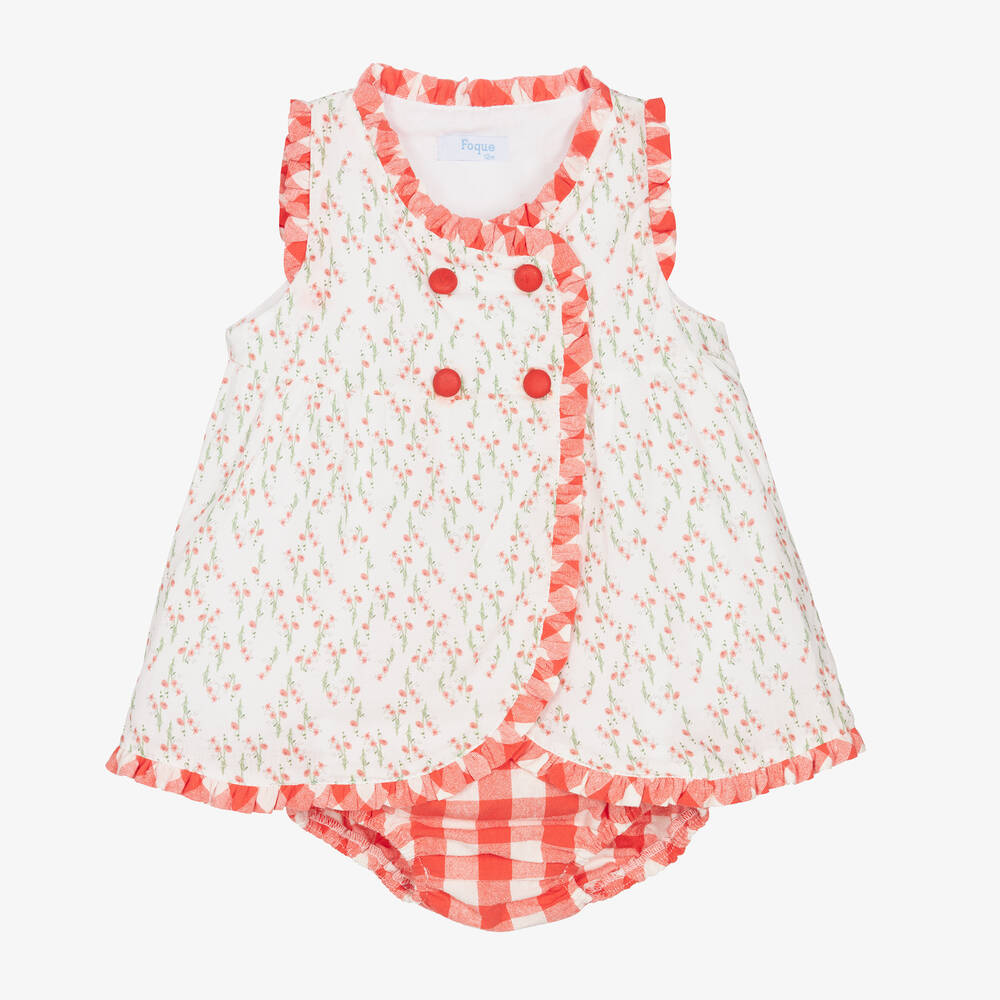 Foque - Girls White & Red Cotton Floral Dress | Childrensalon