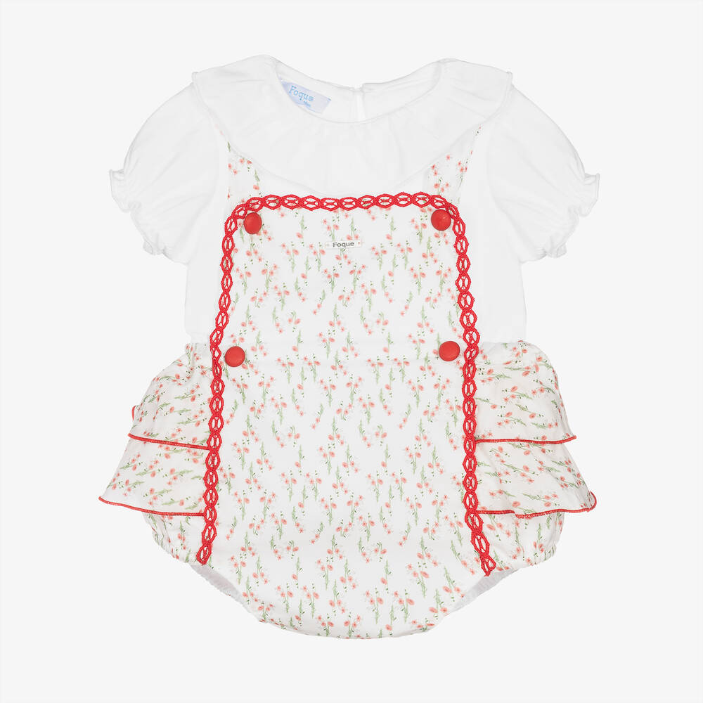 Foque - Girls White & Red Floral Shorts Set | Childrensalon