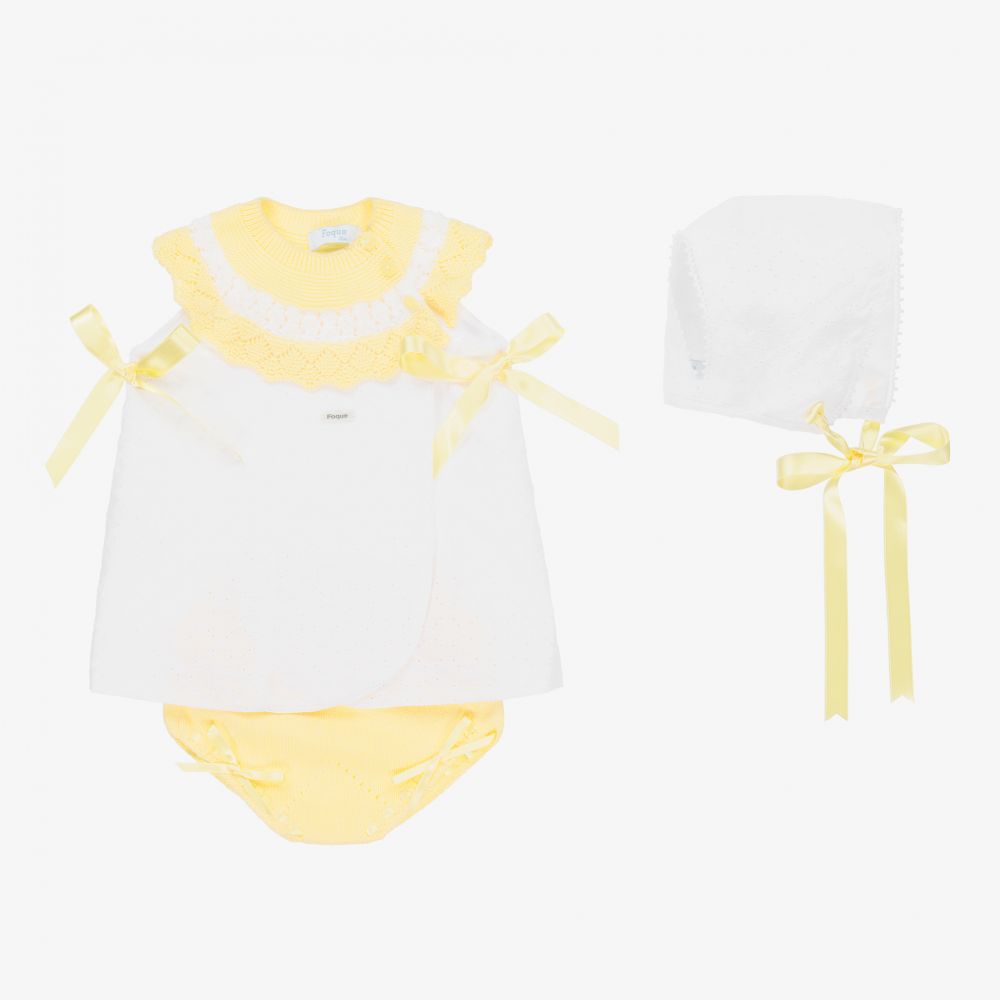 Foque - طقم فستان قطن محبوك لون أبيض وأصفر للمولودات | Childrensalon