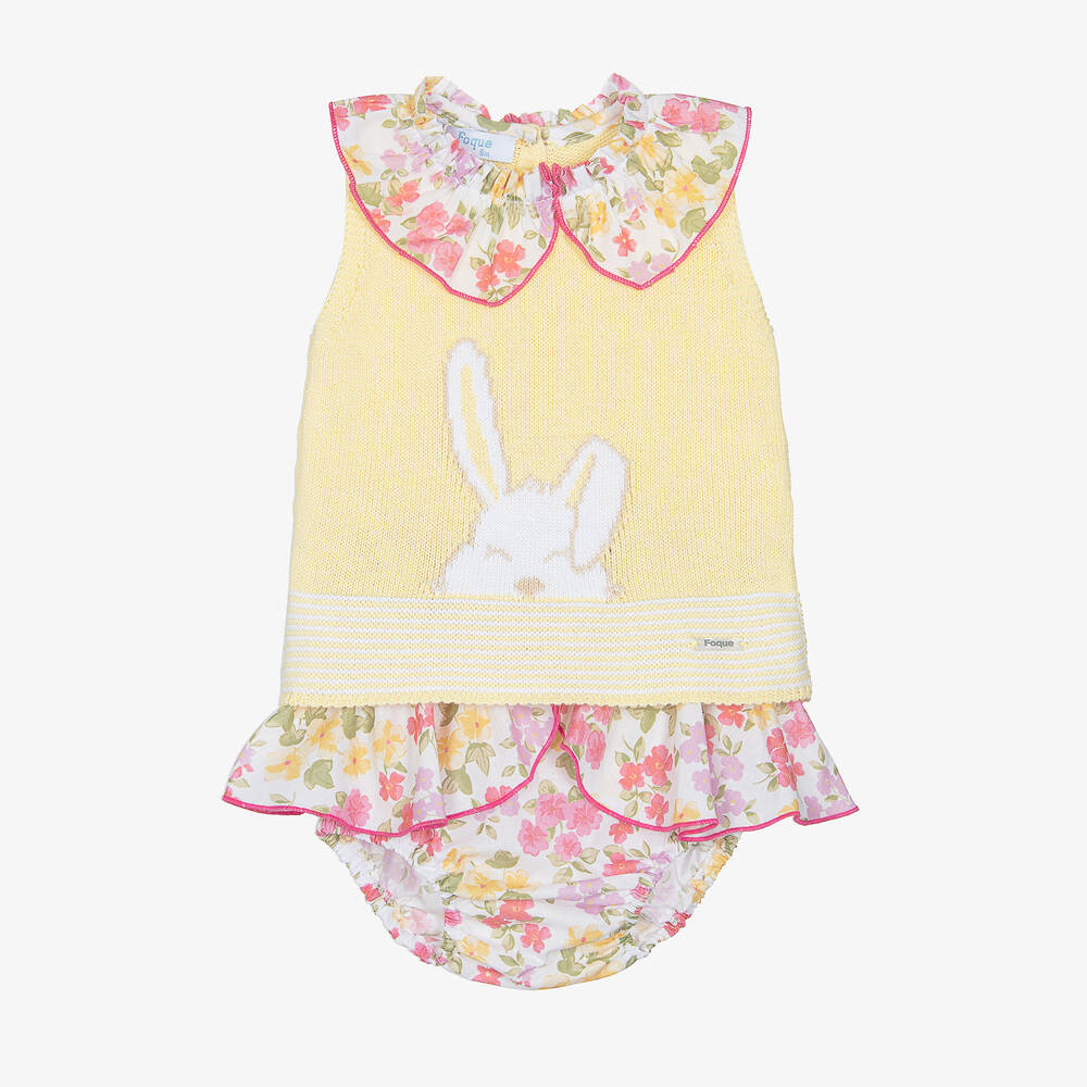 Foque-Girls Yellow Bunny Logo Shorts Set | Childrensalon Outlet