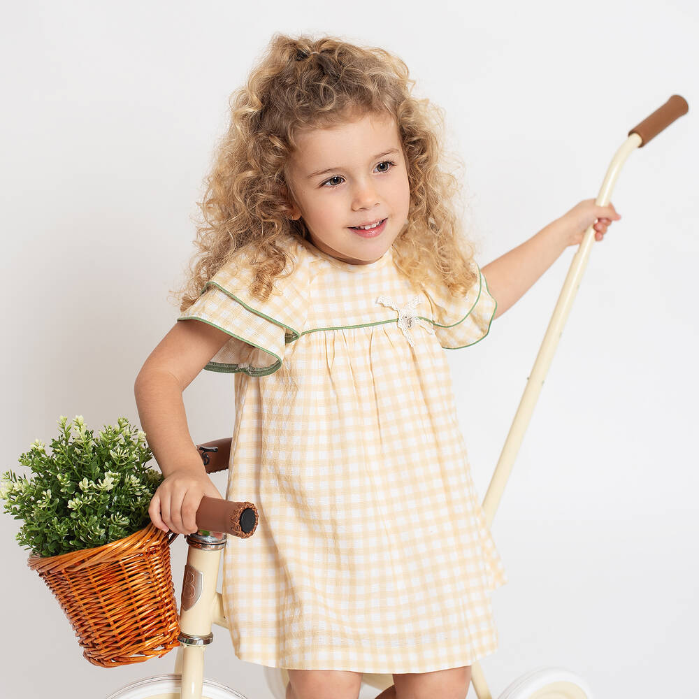 Foque Girls Yellow Gingham Cotton Dress