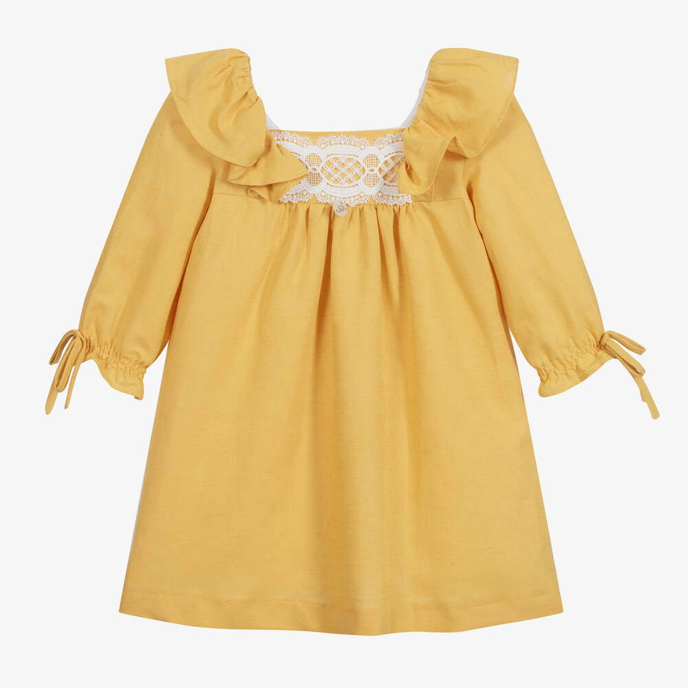 Foque - Girls Yellow Linen Dress  | Childrensalon