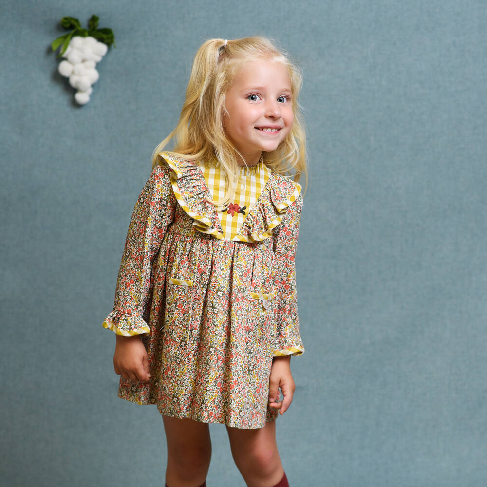 Foque-Girls Yellow & Pink Floral Cotton Dress | Childrensalon Outlet