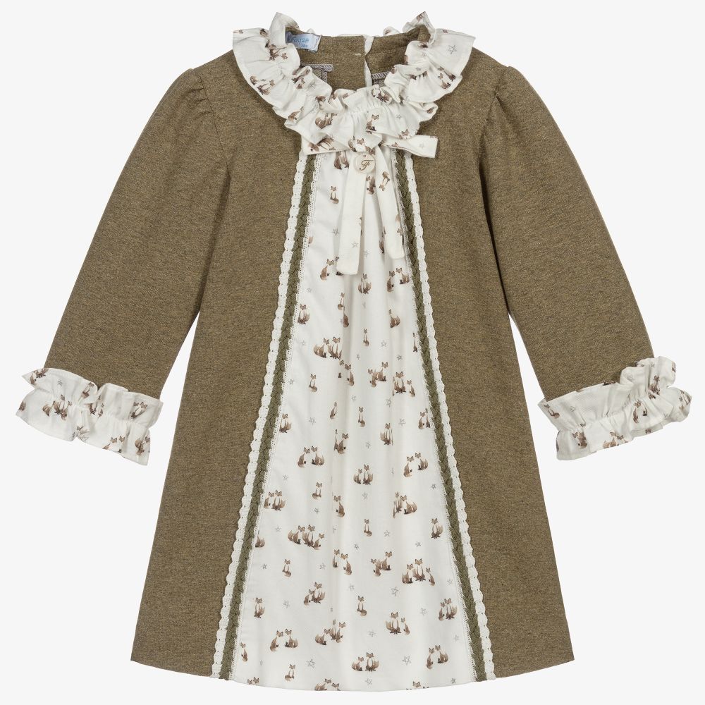 Foque - Green Cotton Fox Dress  | Childrensalon
