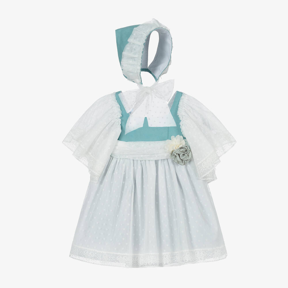 Foque - طقم فستان وقبعة بونيه تول لون أبيض وأخضر | Childrensalon