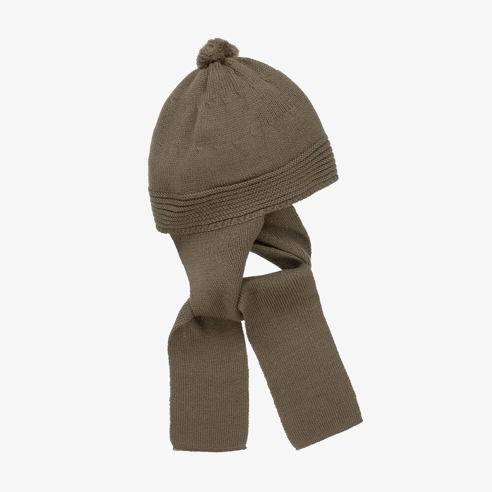 فوكيه-قبعة وسكارف بوم-بوم أكريليك محبوك لون أخضر كاكي | Childrensalon Outlet