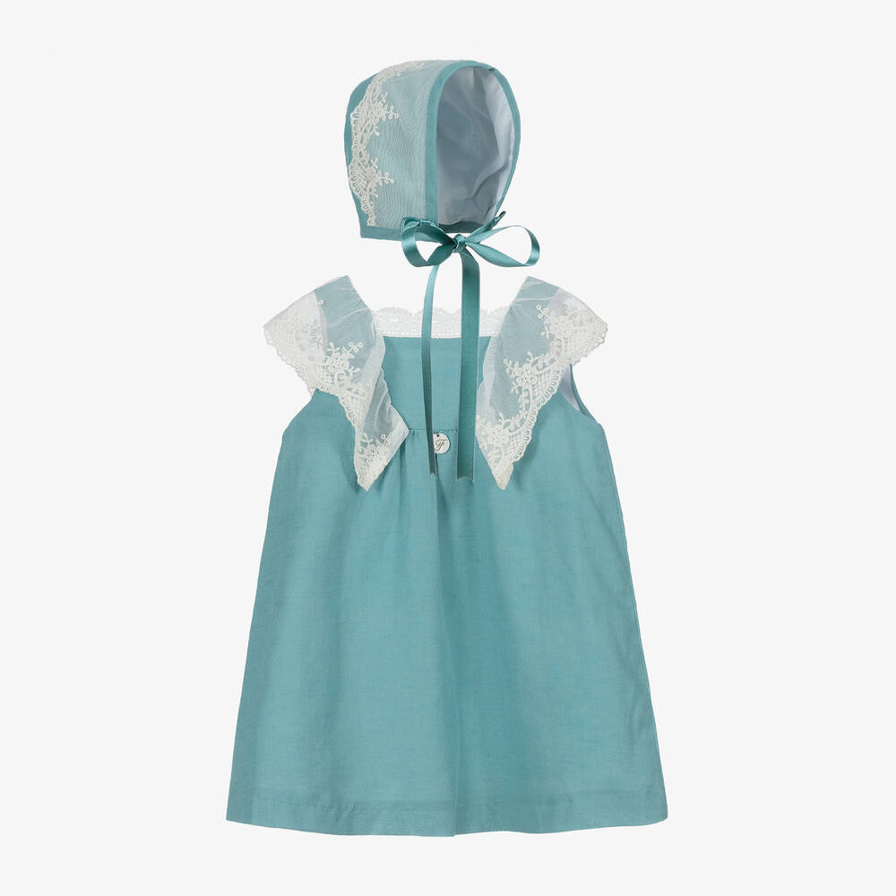 Foque - Set mit grünem Kleid aus Baumwolle und Spitze  | Childrensalon