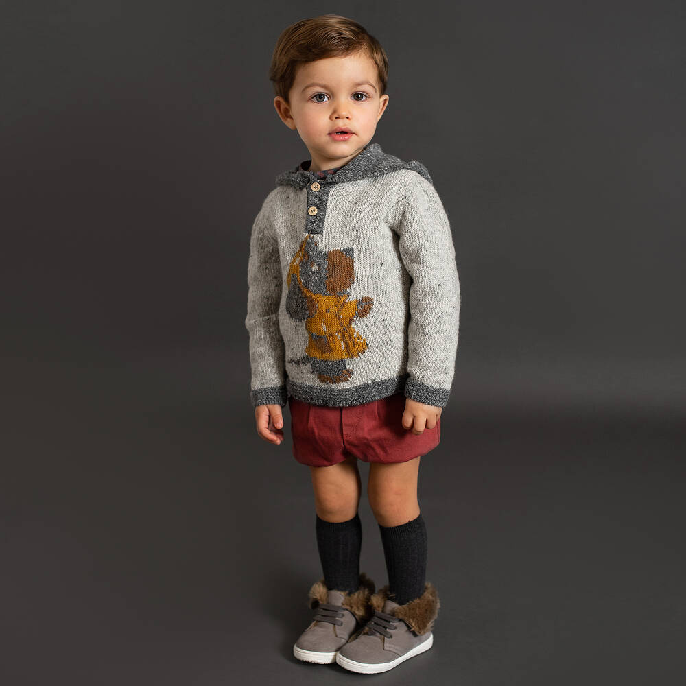 فوكيه-كنزة هودي صوف محبوك لون رمادي للأولاد | Childrensalon Outlet