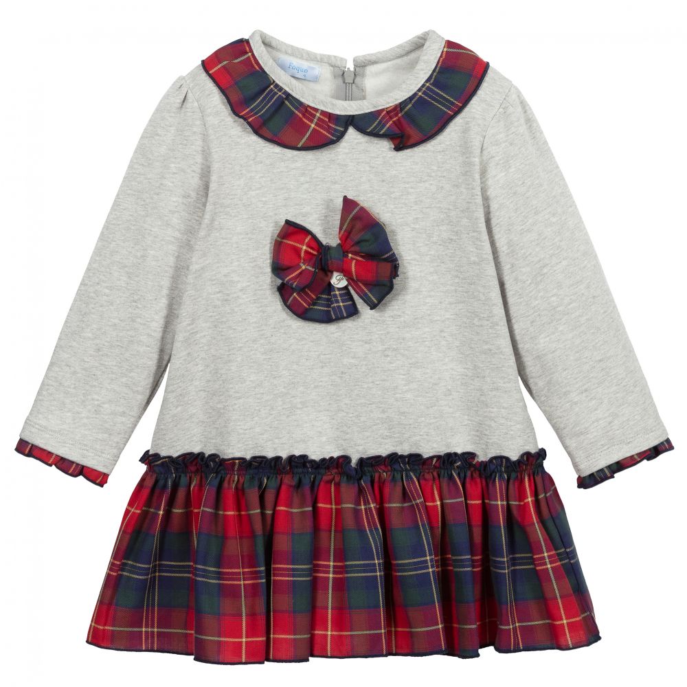 Foque - فستان تارتان مزيج قطن جيرسي لون رمادي وأحمر | Childrensalon