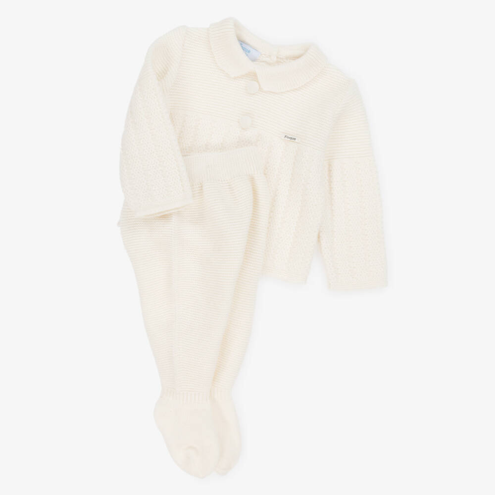 Foque-Ivory Wool & Cashmere Knitted 2 Piece Babygrow | Childrensalon Outlet