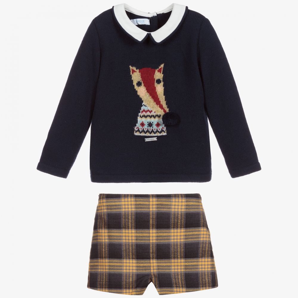 Foque-Navy Blue Check Shorts Set | Childrensalon Outlet