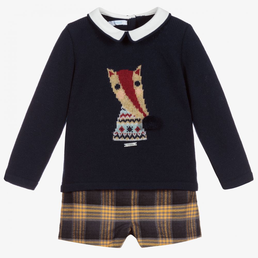 Foque - طقم شورت قطن وصوف كاروهات لون كحلي وأصفر للأولاد | Childrensalon