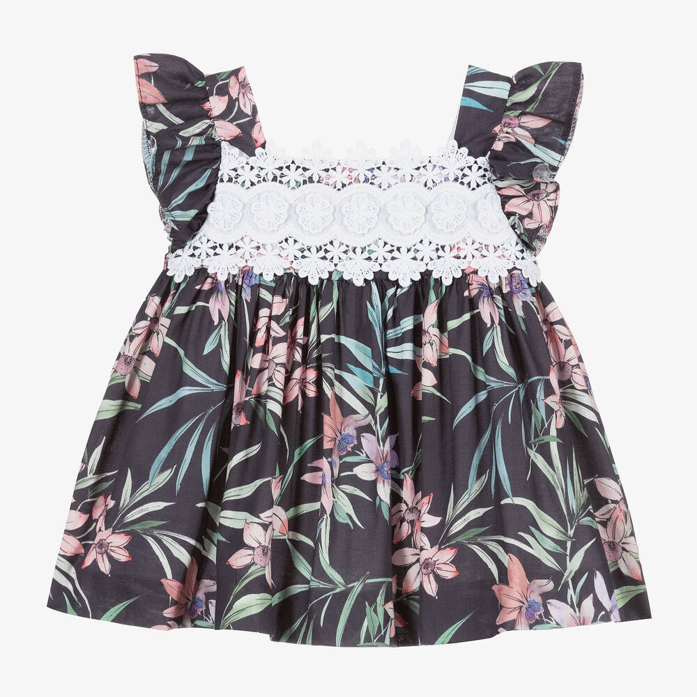 Foque-Navy Blue Cotton Dress Set  | Childrensalon Outlet