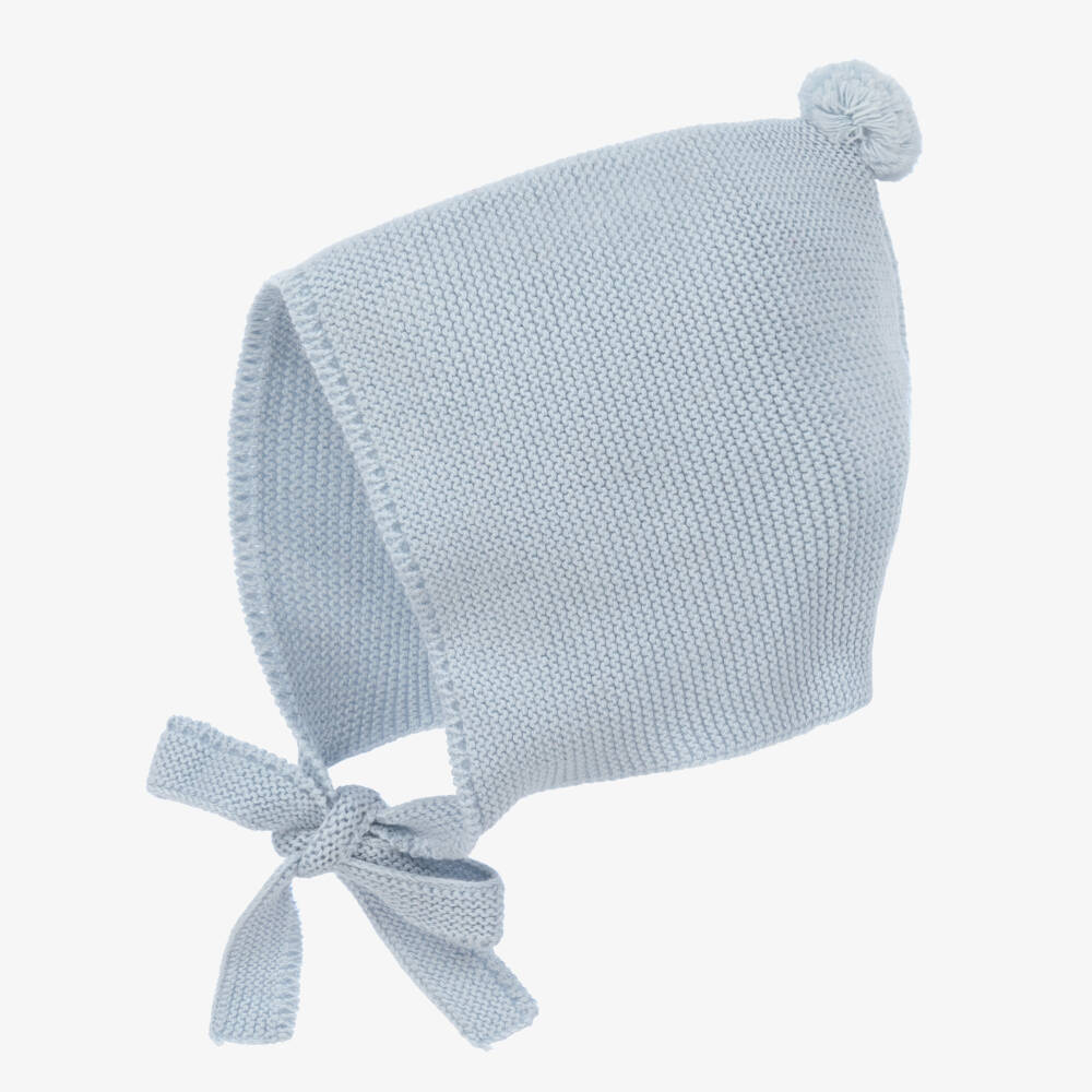 Foque-Pale Blue Cotton & Wool Knit Baby Bonnet | Childrensalon Outlet