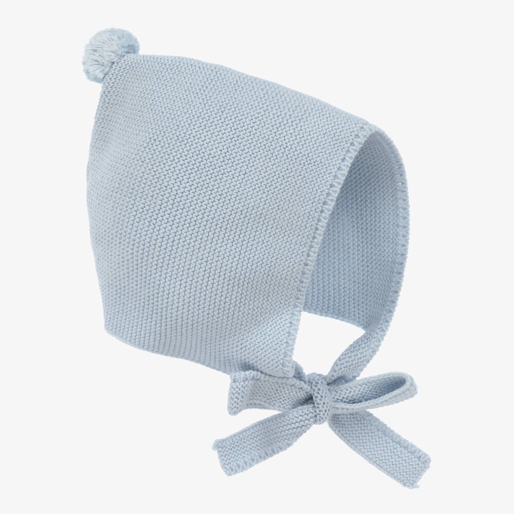 Foque-Pale Blue Cotton & Wool Knit Baby Bonnet | Childrensalon Outlet