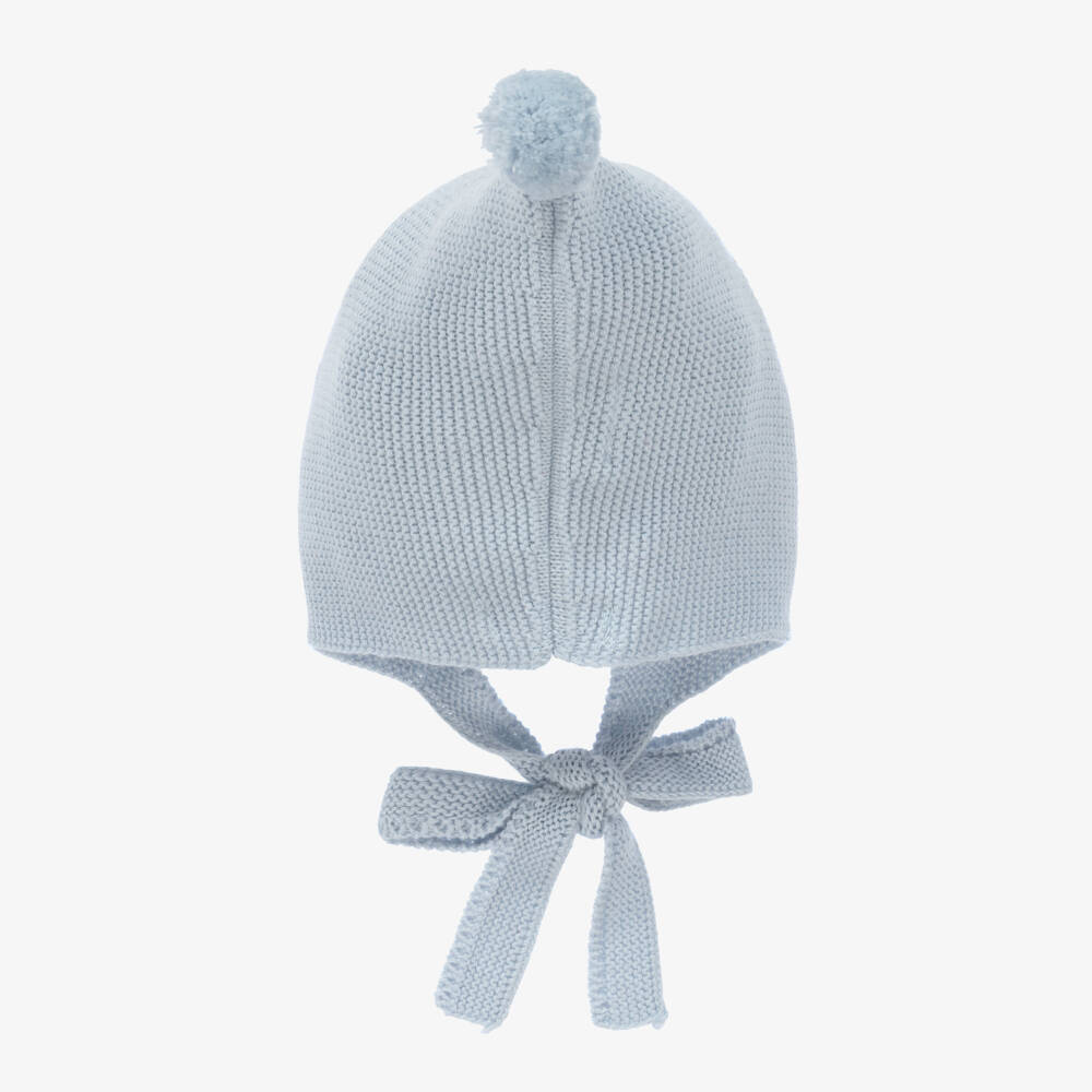 Foque-Pale Blue Cotton & Wool Knit Baby Bonnet | Childrensalon Outlet