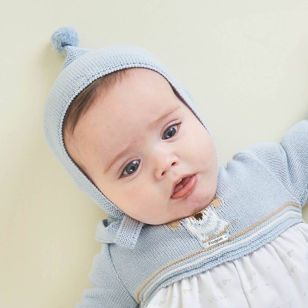 Foque-Pale Blue Cotton & Wool Knit Baby Bonnet | Childrensalon Outlet