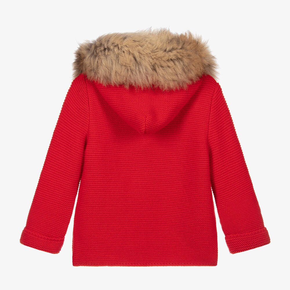 Red wool coat with fur hood cheap