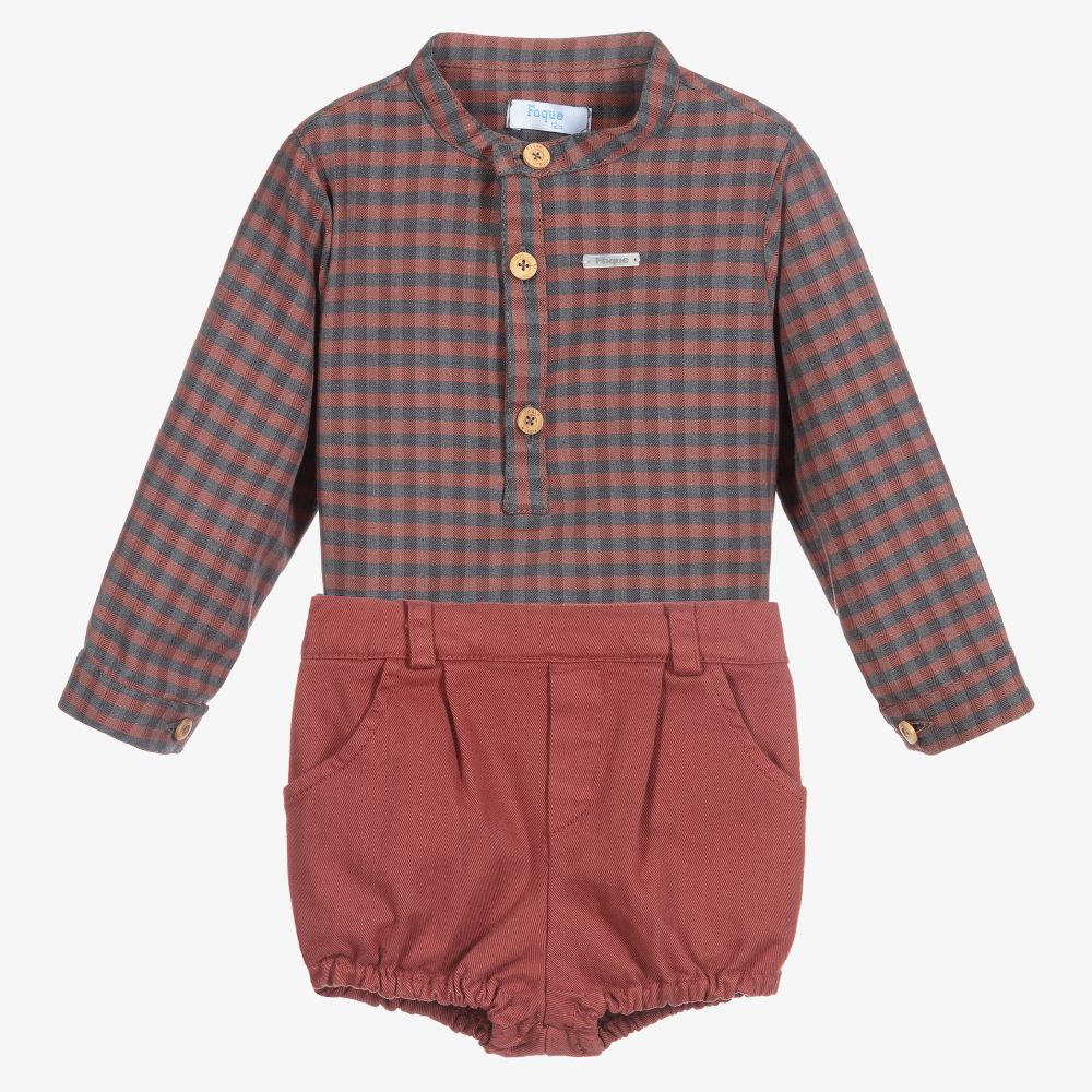 Foque - Серая рубашка в клетку и красные шорты | Childrensalon
