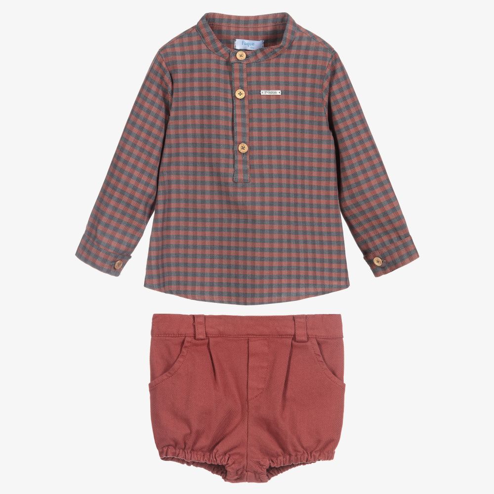Foque-طقم شورت أطفال ولادي قطن كاروهات لون أحمر ورمادي | Childrensalon Outlet