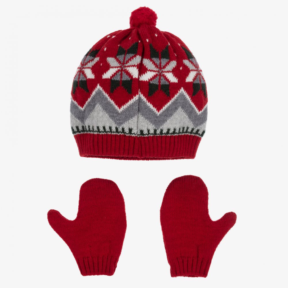 Foque-طقم قبعة مزيج صوف محبوك لون أحمر ورمادي | Childrensalon Outlet