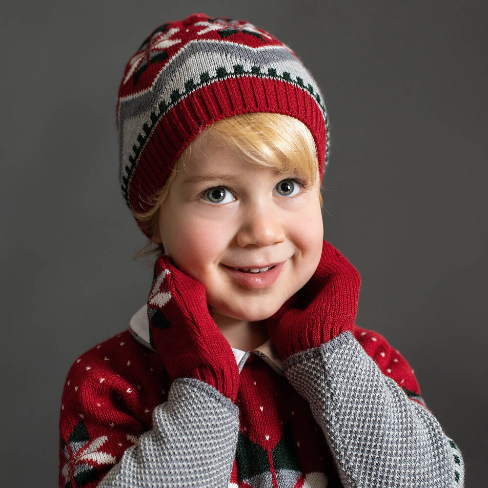 Foque-طقم قبعة مزيج صوف محبوك لون أحمر ورمادي | Childrensalon Outlet