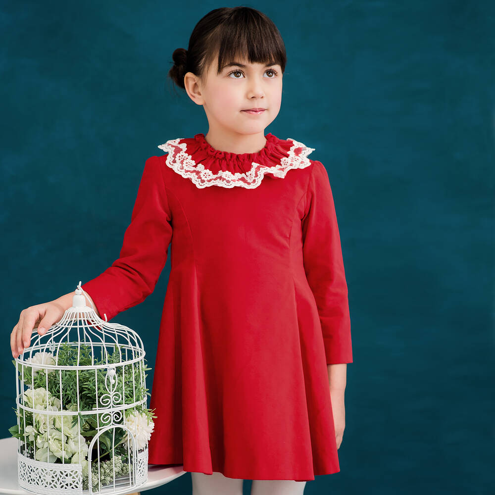 فوكيه-فستان مخمل ودانتيل لون أحمر وعاجي | Childrensalon Outlet