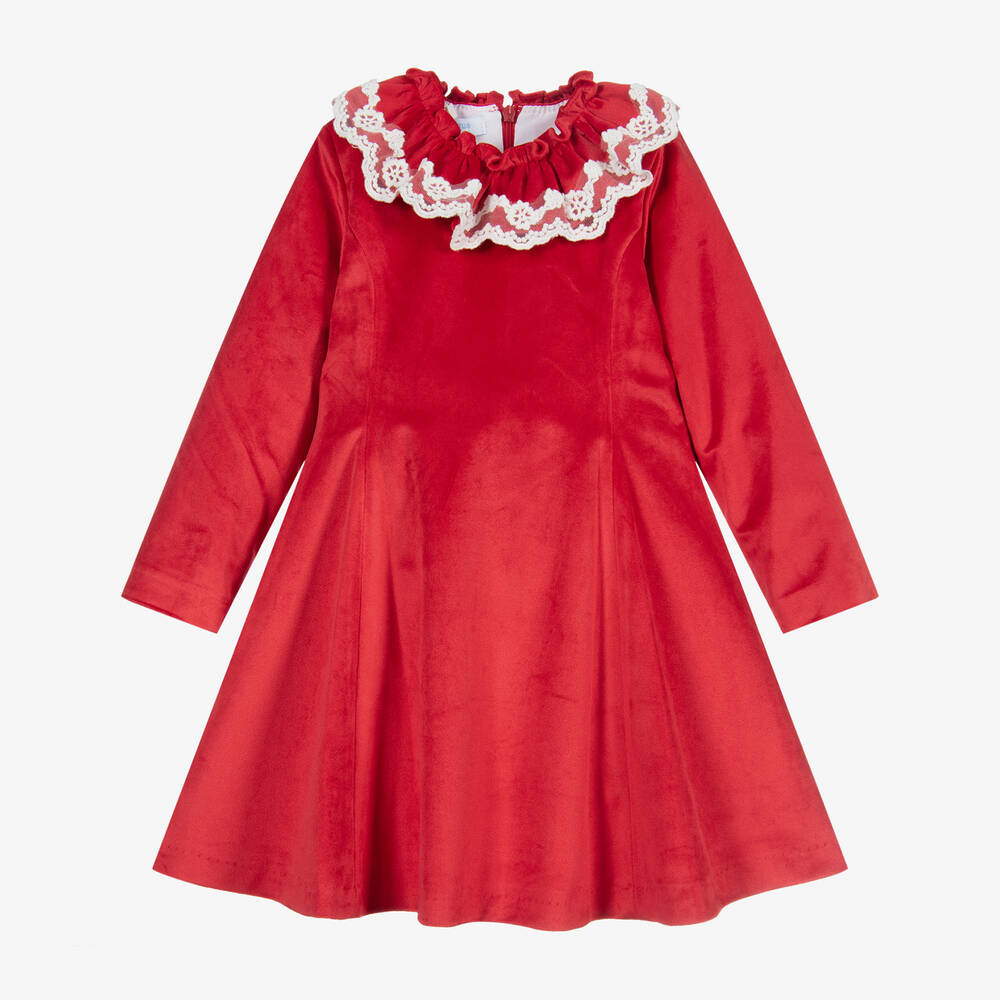Foque - Robe rouge en velours à dentelle | Childrensalon
