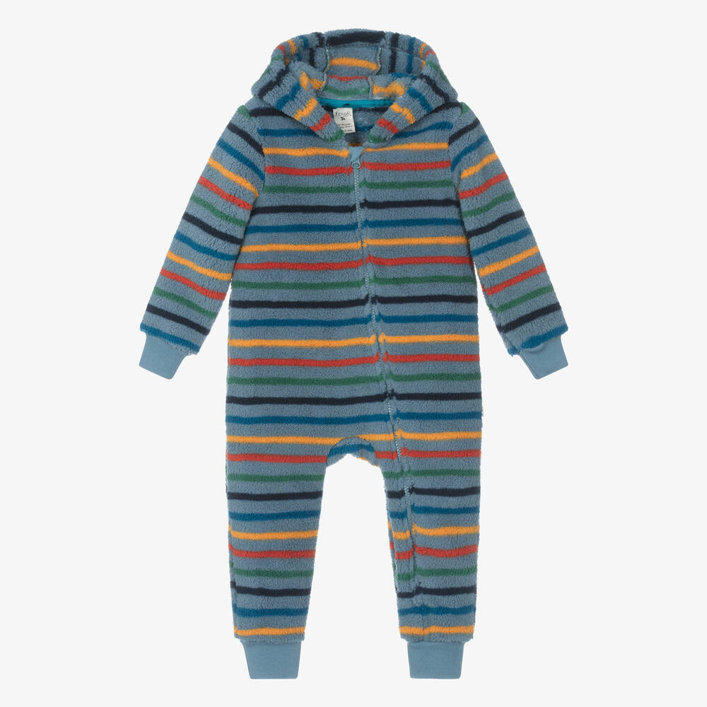 Frugi - Baby Boys Blue Stripe Fleece Pramsuit | Childrensalon