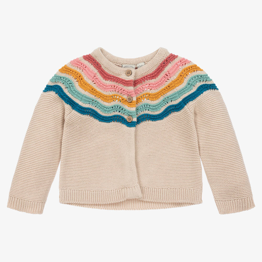 Frugi - Beigefarbene Strickjacke mit Regenbogenstreifen für weibliche Babys | Childrensalon