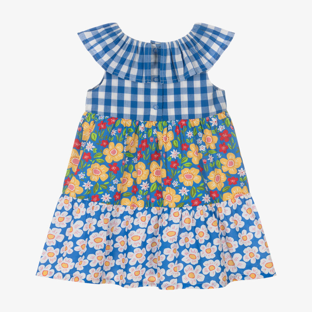 Frugi-Baby Girls Blue Gingham & Floral Cotton Dress | Childrensalon Outlet