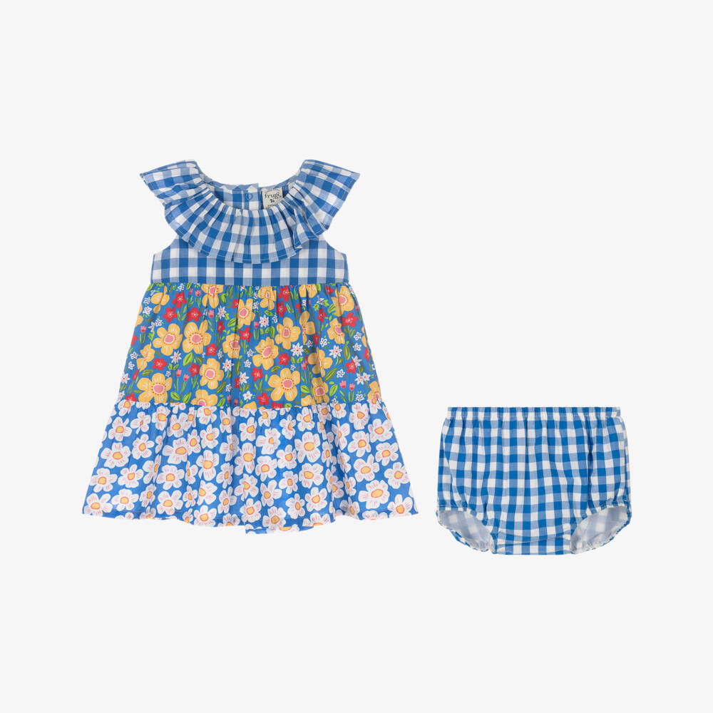 Frugi-Baby Girls Blue Gingham & Floral Cotton Dress | Childrensalon Outlet