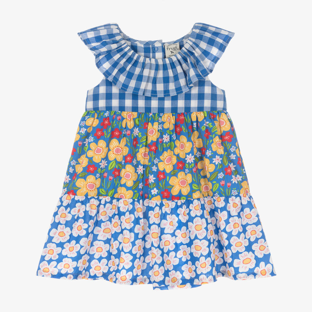 Frugi-Baby Girls Blue Gingham & Floral Cotton Dress | Childrensalon Outlet