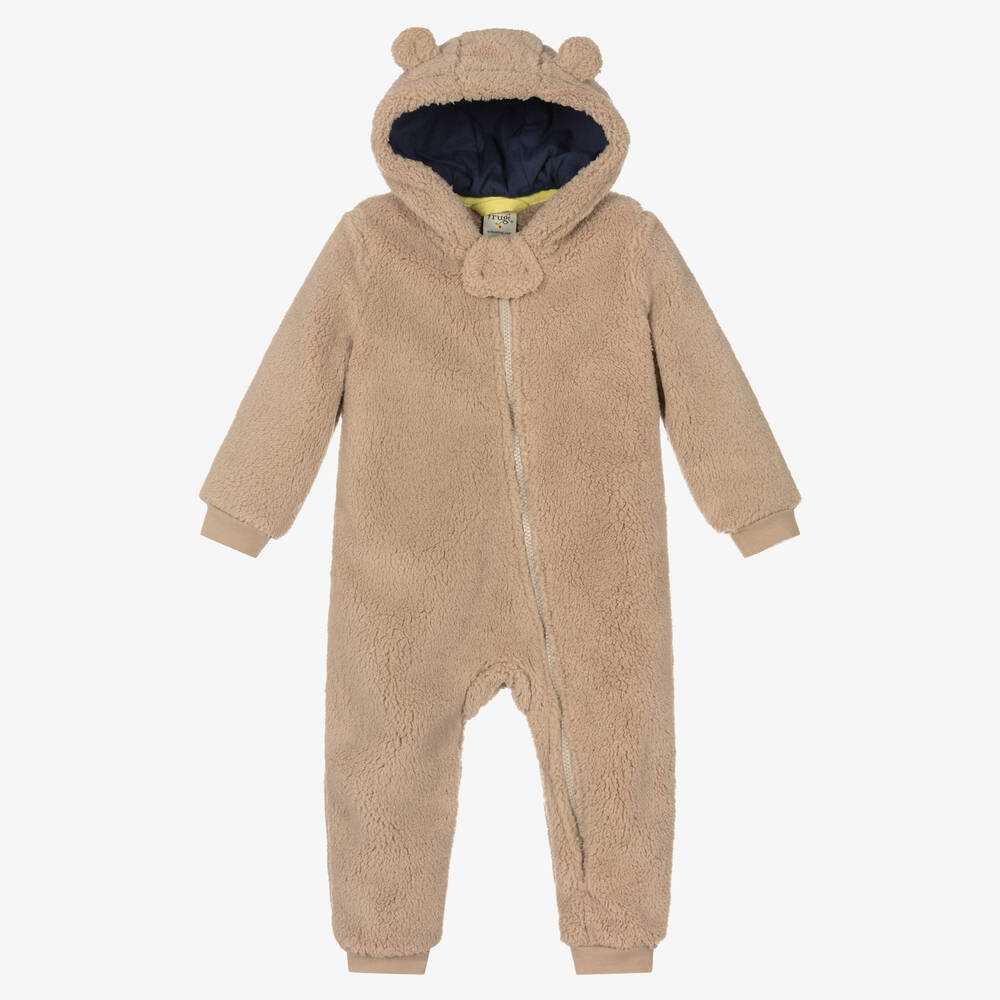 Frugi - Beige Fleece Hooded Pramsuit | Childrensalon