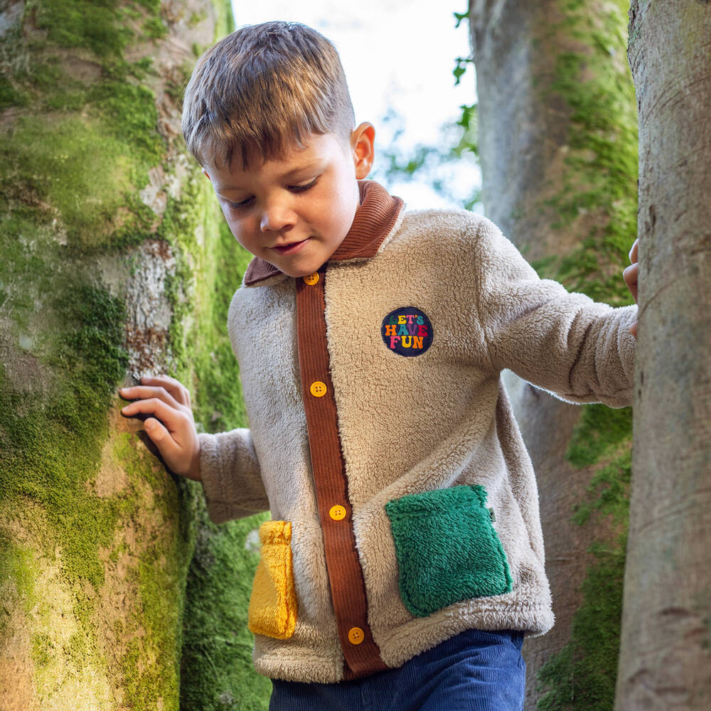 Frugi-Boys Beige Teddy Fleece Jacket with Colourful Pockets | Childrensalon Outlet