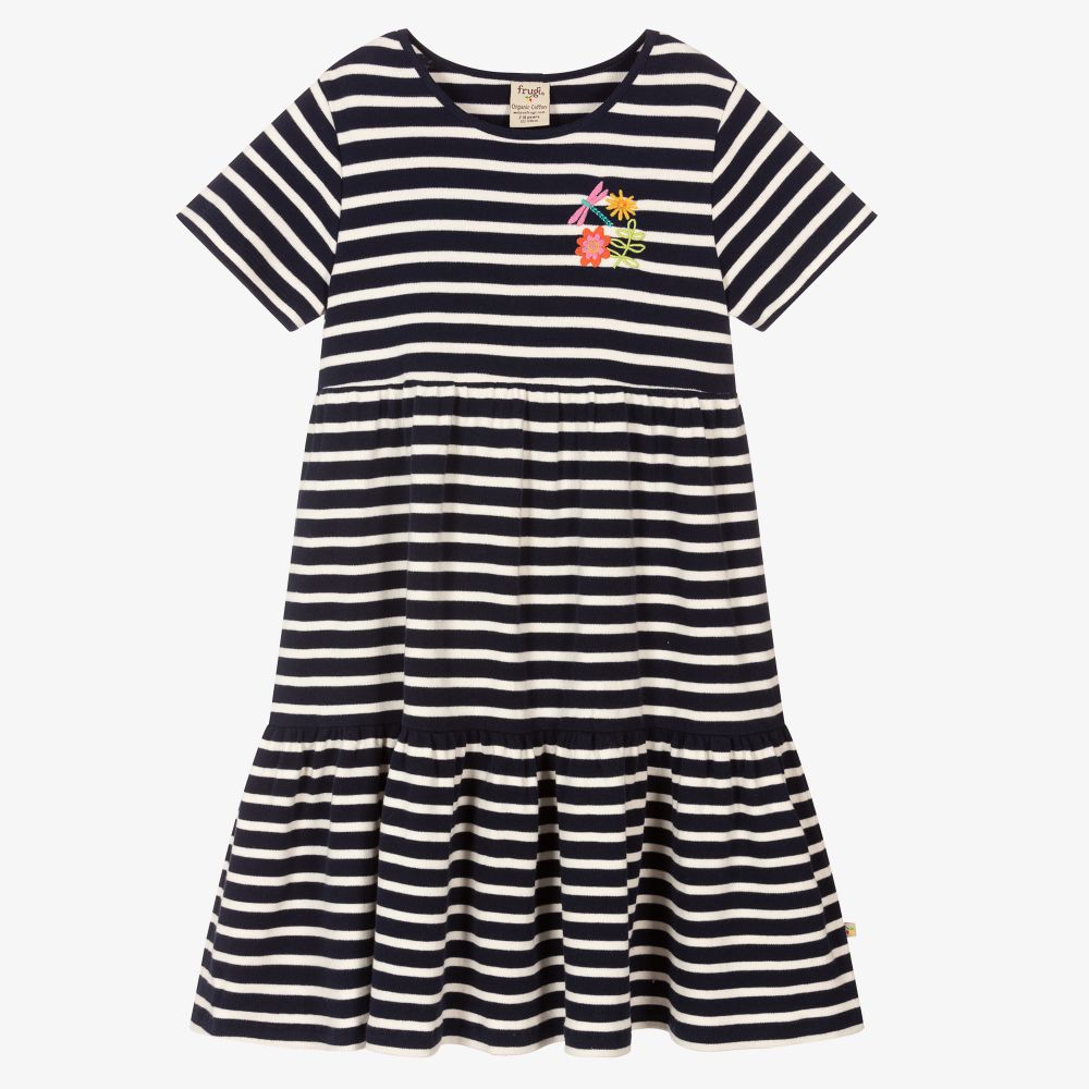 Frugi - Blaues Kleid mit Bretonstreifen  | Childrensalon