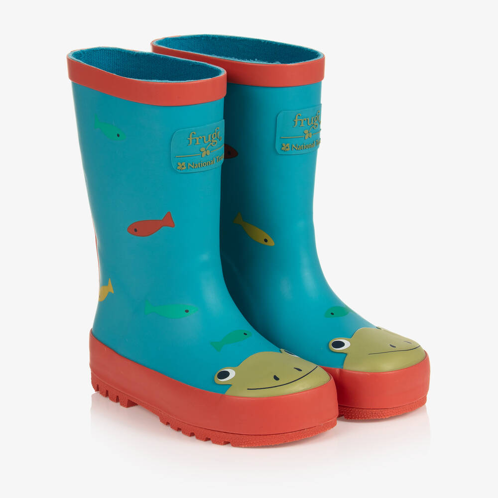 Frugi - Blaue Gummistiefel mit Frosch  | Childrensalon