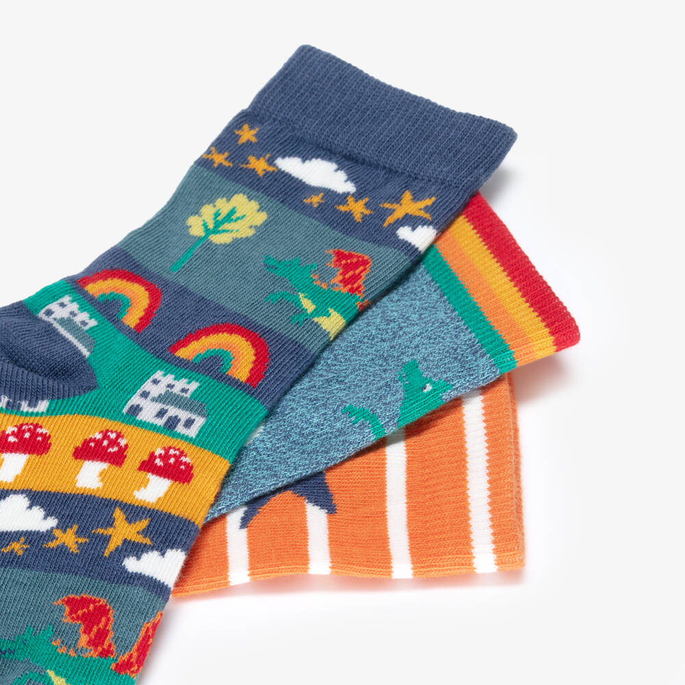 Frugi-Blue & Orange Organic Cotton Dragon Socks (3 Pack) | Childrensalon Outlet