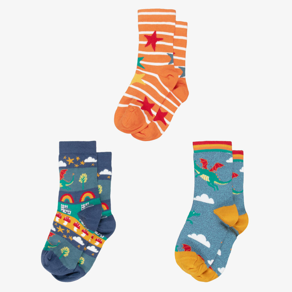 Frugi-Blue & Orange Organic Cotton Dragon Socks (3 Pack) | Childrensalon Outlet