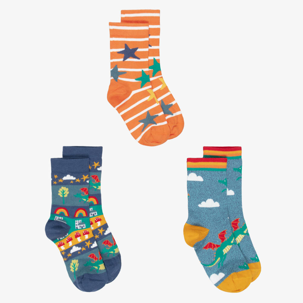 Frugi-Blue & Orange Organic Cotton Dragon Socks (3 Pack) | Childrensalon Outlet