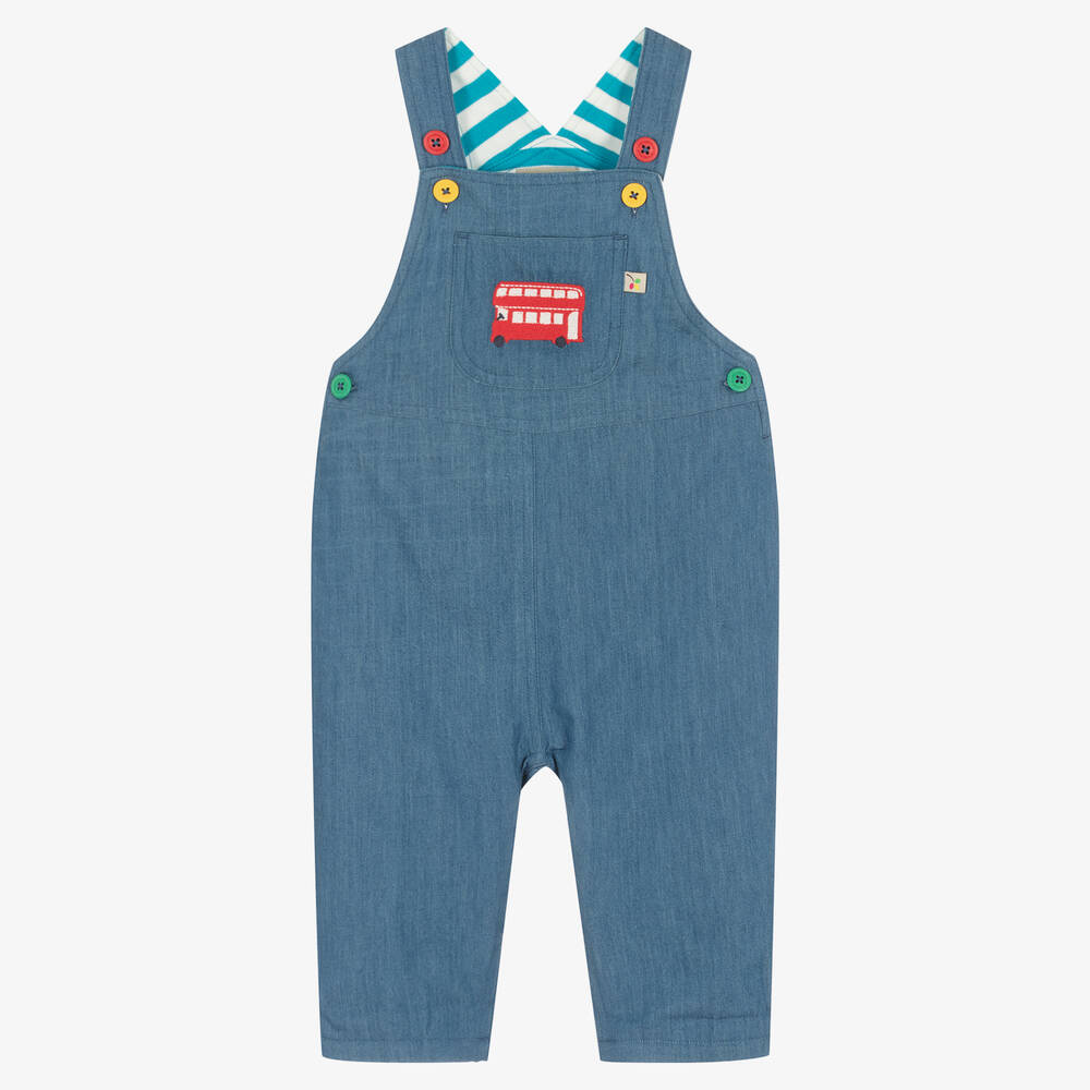 Frugi - Blaue Biobaumwoll-Latzhose mit Bus | Childrensalon