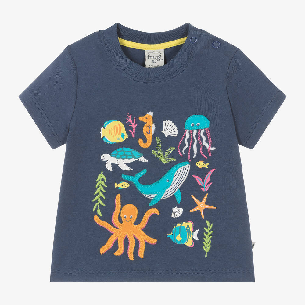 Frugi-Blue Organic Cotton Sea Creature T-Shirt | Childrensalon Outlet