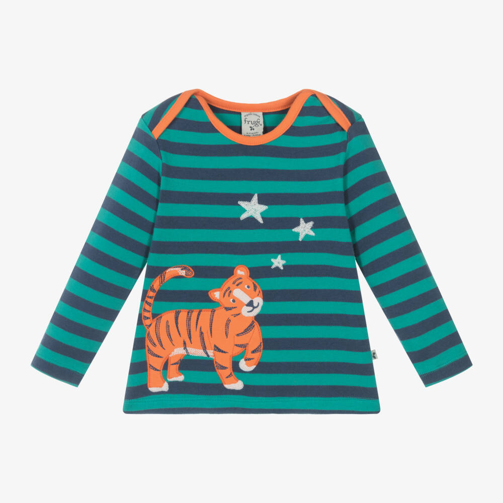 Frugi-Зеленая полосатая хлопковая футболка c тигром для мальчиков | Childrensalon Outlet