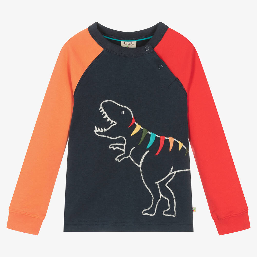Frugi - Boys Blue Cotton Dinosaur Sweatshirt | Childrensalon