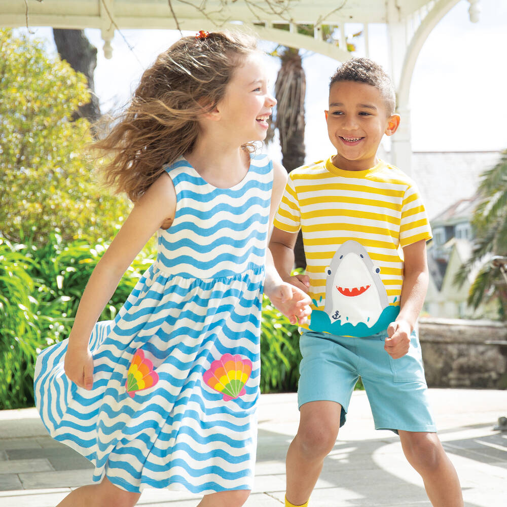 Frugi-Boys Blue Cotton Reversible Shark Shorts | Childrensalon Outlet