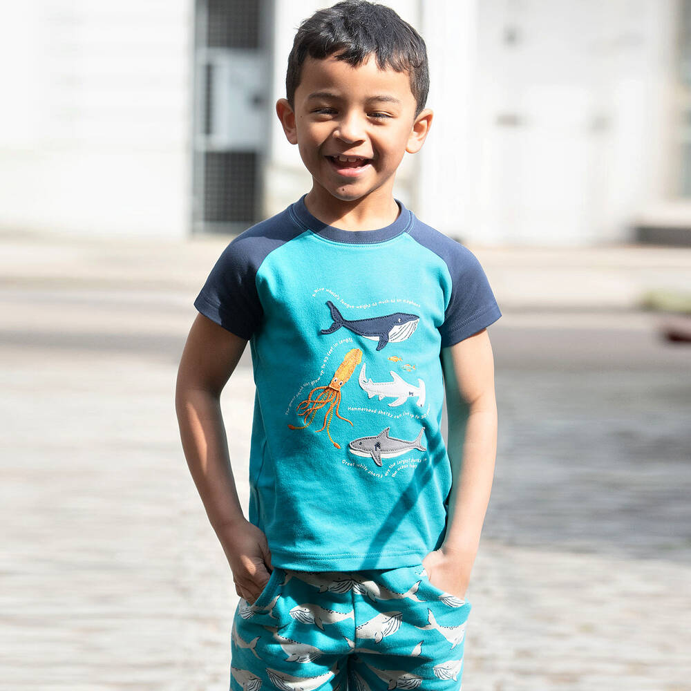 Frugi-Boys Blue Cotton Whale Shorts | Childrensalon Outlet