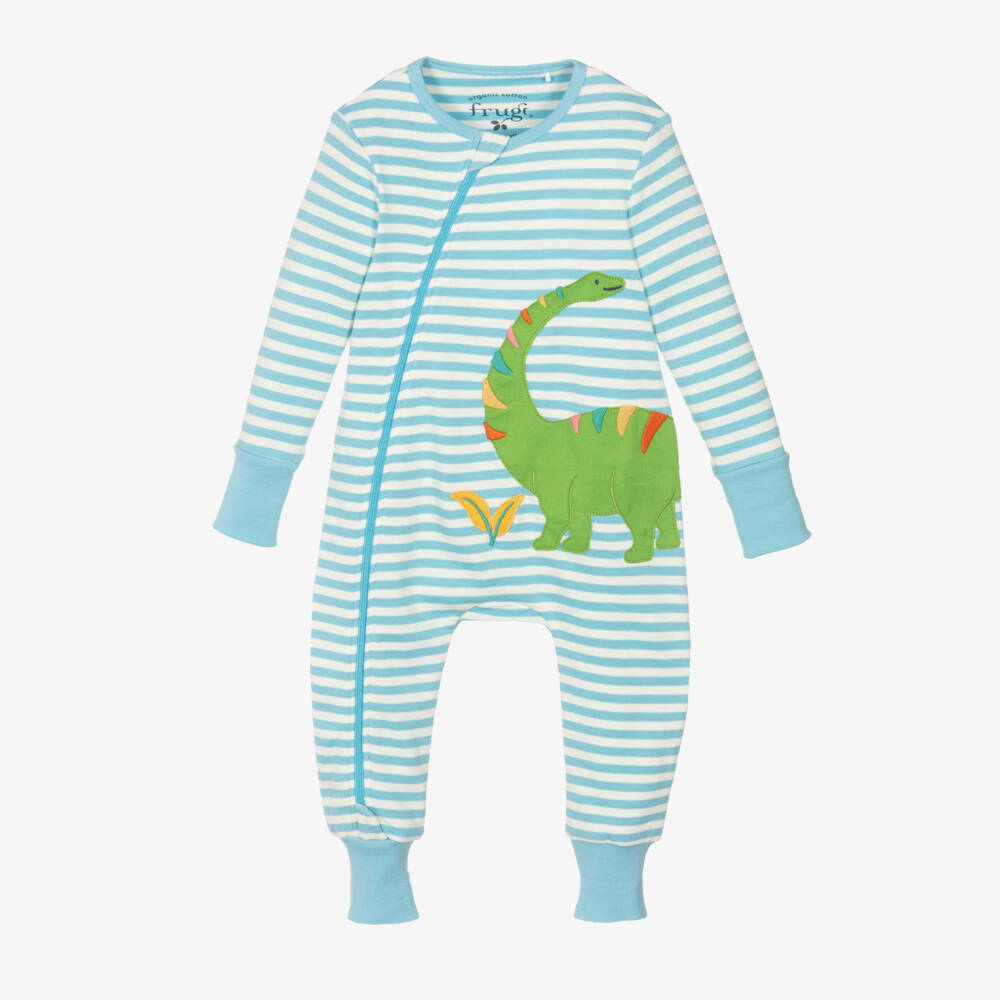 Frugi-Boys Blue Dino-Stripe Cotton Romper | Childrensalon Outlet