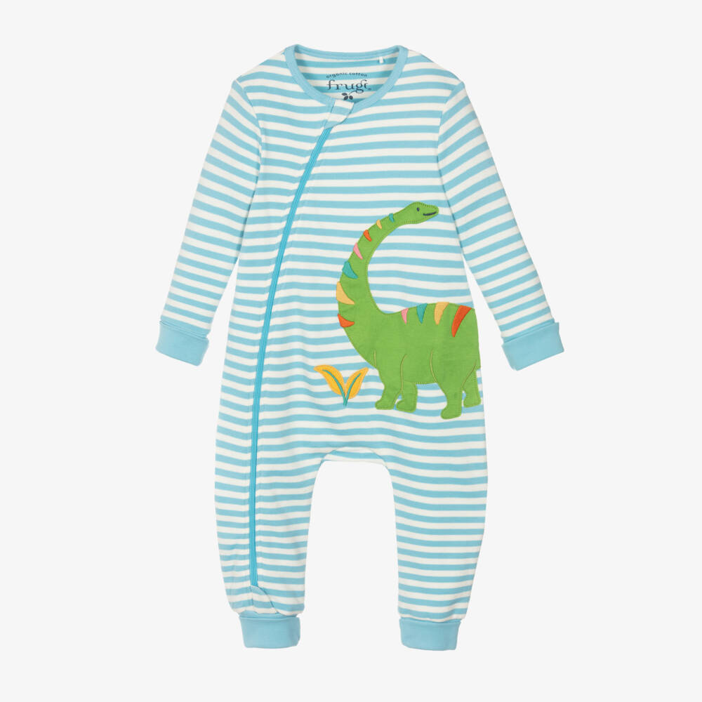Frugi-Boys Blue Dino-Stripe Cotton Romper | Childrensalon Outlet